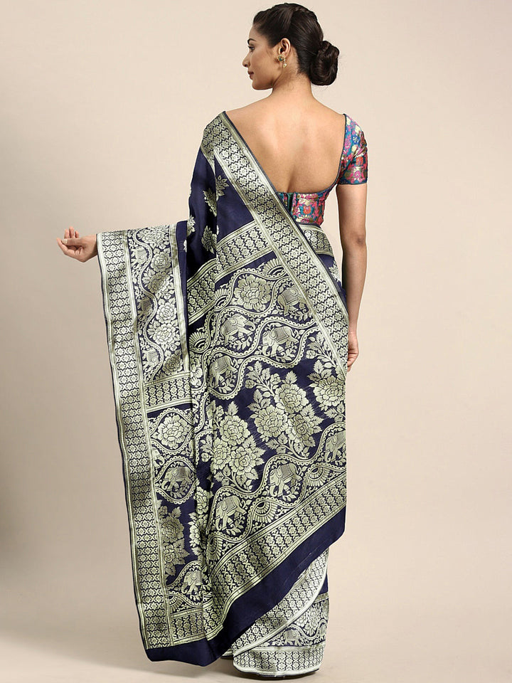 Neerus Blue silk woven saree - back view