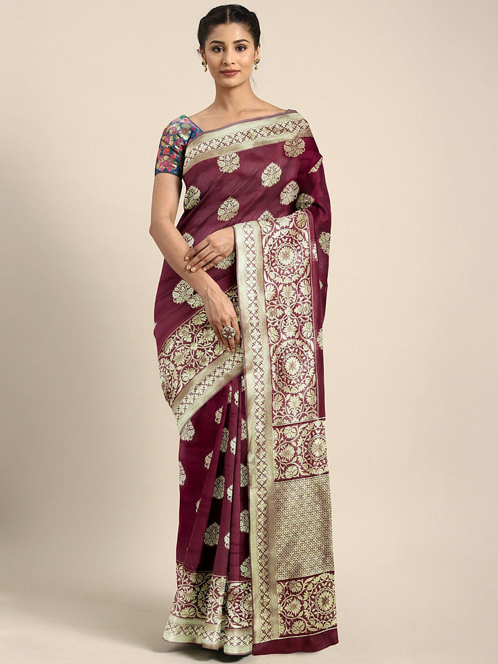 Neerus Pink silk woven saree - front view