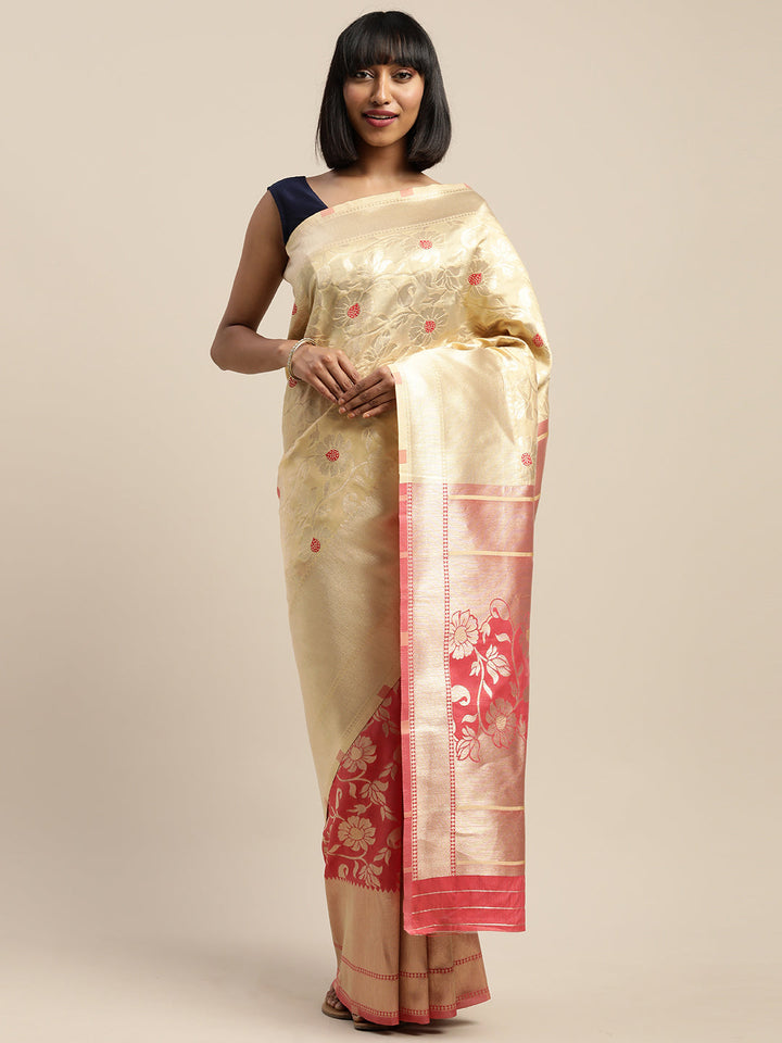 Neerus Yellow silk woven saree - detail view 4