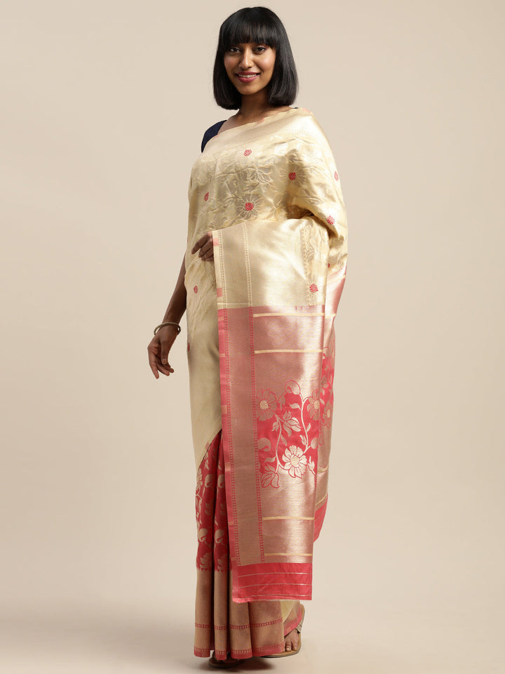Neerus Yellow silk woven saree - front view