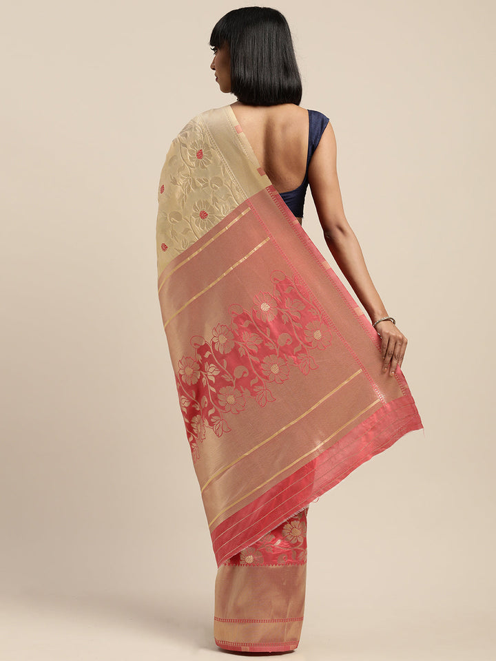 Neerus Yellow silk woven saree - back view