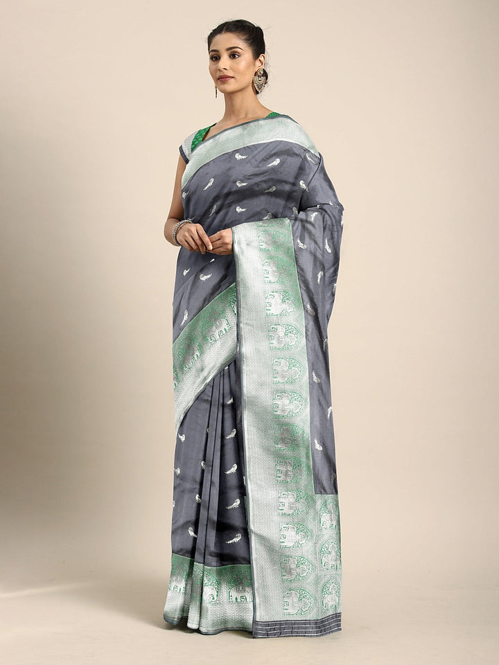 Neerus Grey silk woven saree - front view