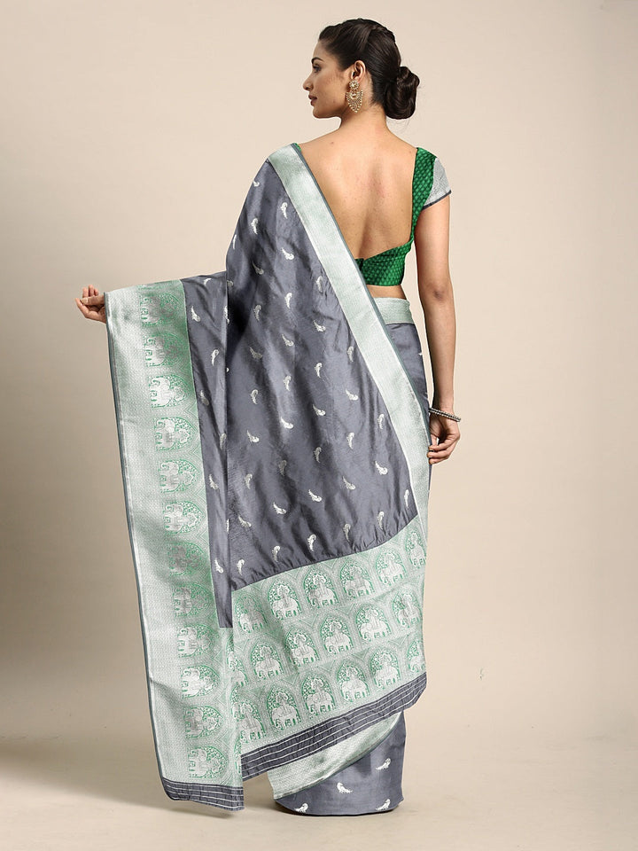 Neerus Grey silk woven saree - back view