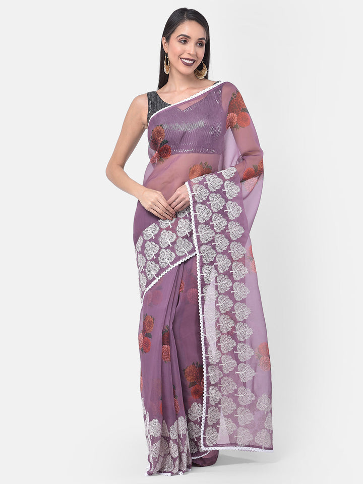 Neerus Pink organza embellished saree - front view