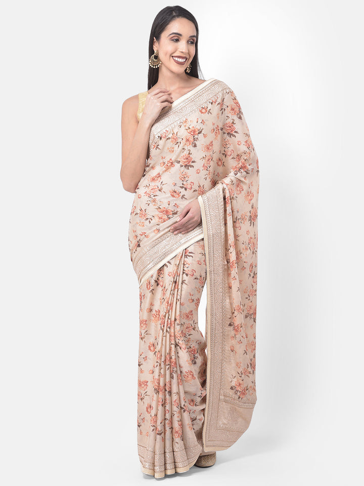 Neerus Beige crepe solid saree - front view