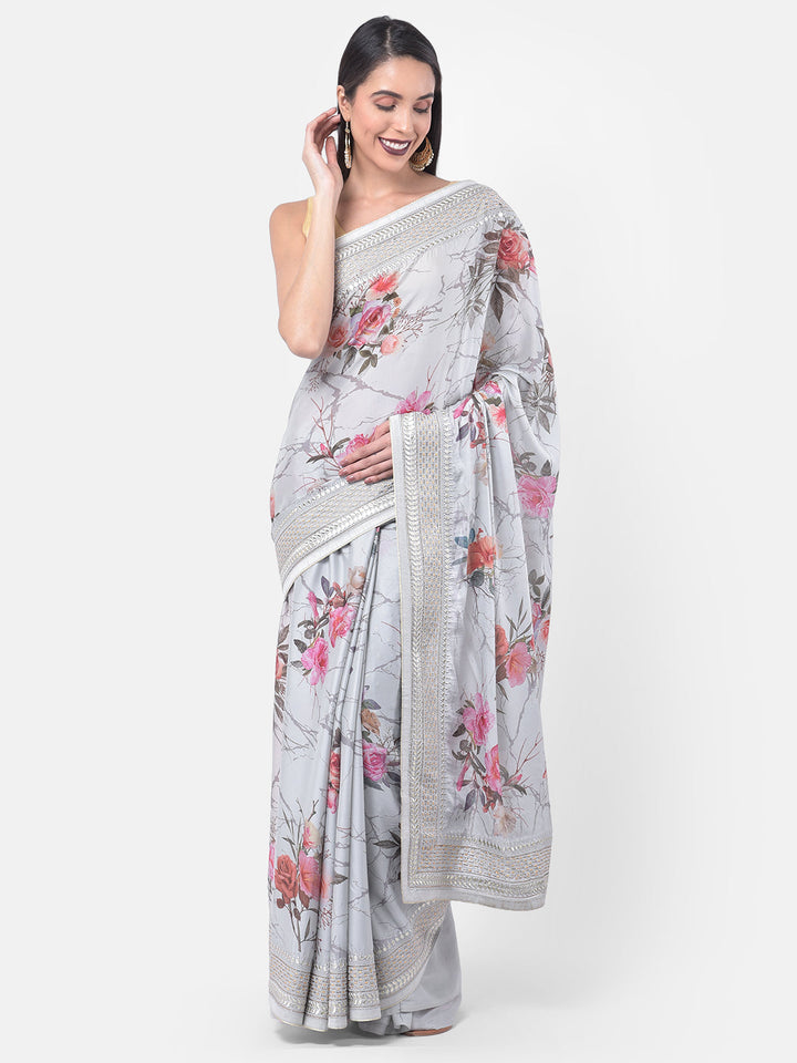 Neerus Grey crepe solid saree - front view