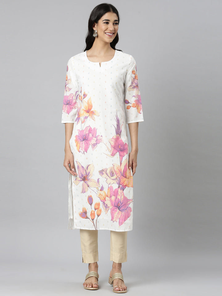 Neerus White Casual Floral Straight Kurtas