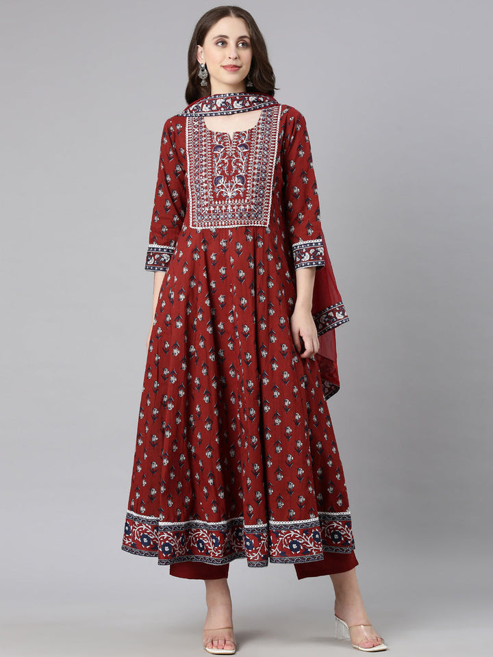 Neerus Maroon Printed Anarkali Kurta and Trousers With Dupatta