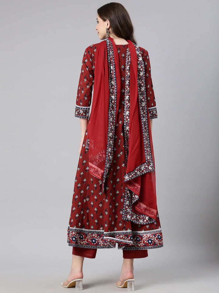 Neerus Maroon Printed Anarkali Kurta and Trousers With Dupatta