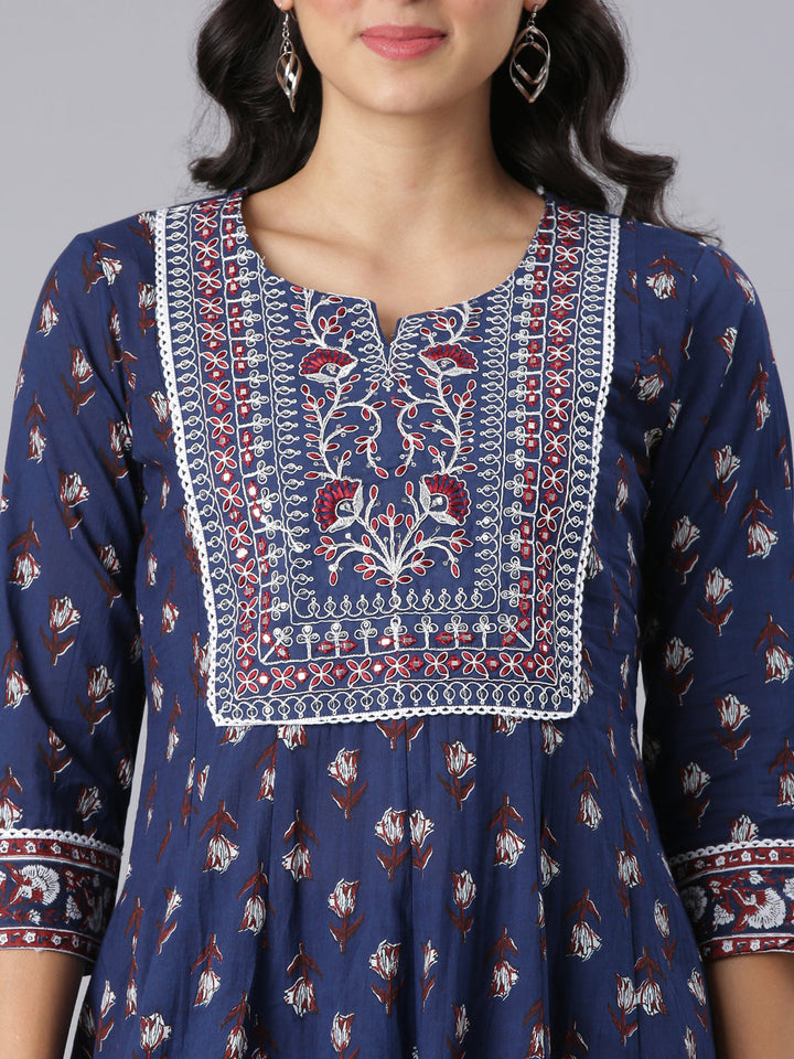 Neerus Navy Blue Printed Anarkali Kurta And Trousers With Dupatta