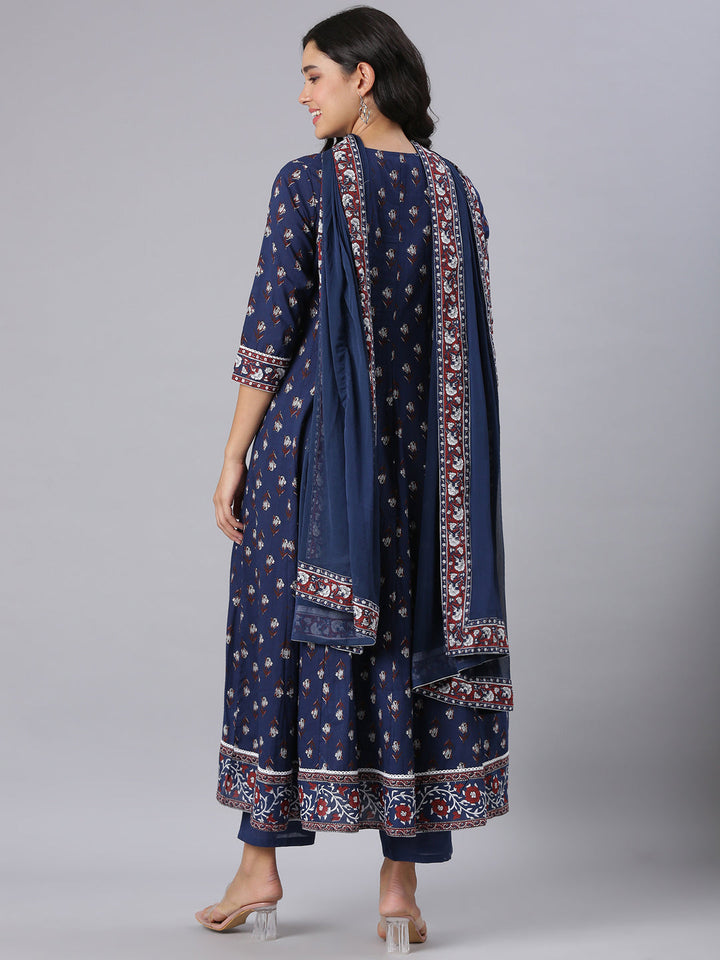 Neerus Navy Blue Printed Anarkali Kurta And Trousers With Dupatta