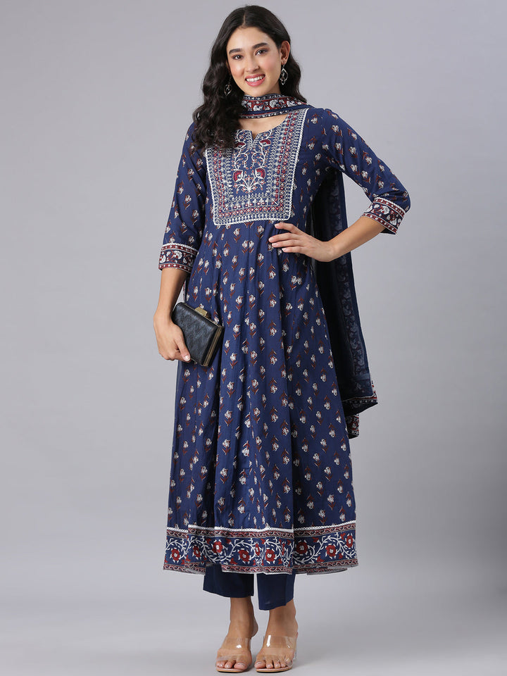 Neerus Navy Blue Printed Anarkali Kurta And Trousers With Dupatta