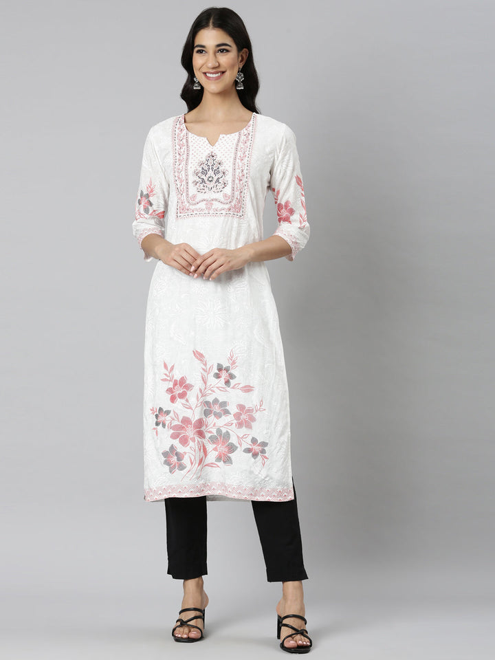 Neerus Orange Casual Floral Straight Kurtas