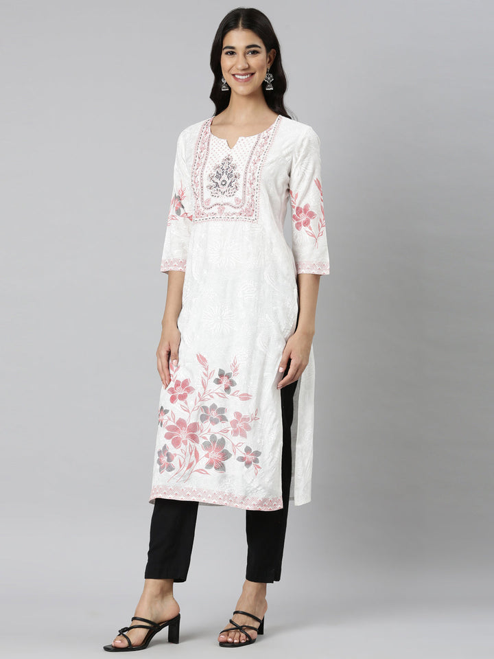 Neerus Orange Casual Floral Straight Kurtas