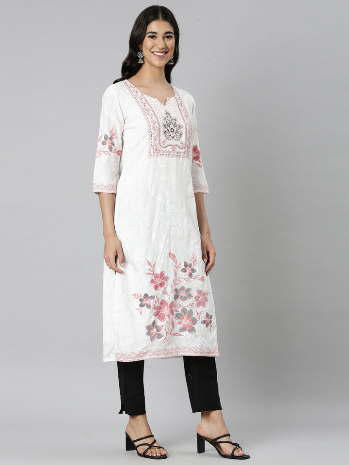 Neerus Orange Casual Floral Straight Kurtas
