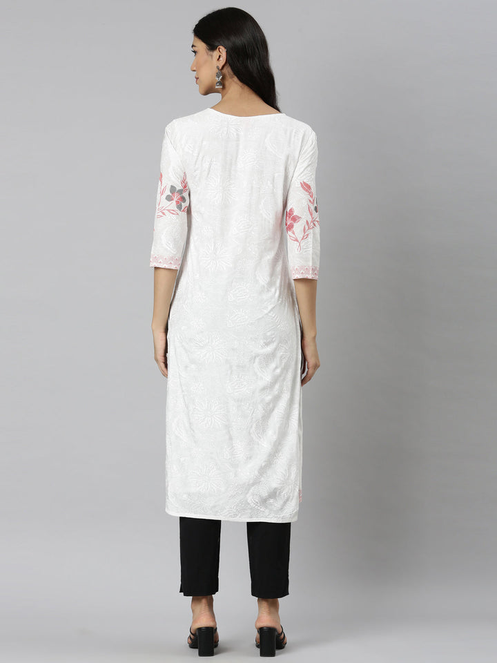 Neerus Orange Casual Floral Straight Kurtas