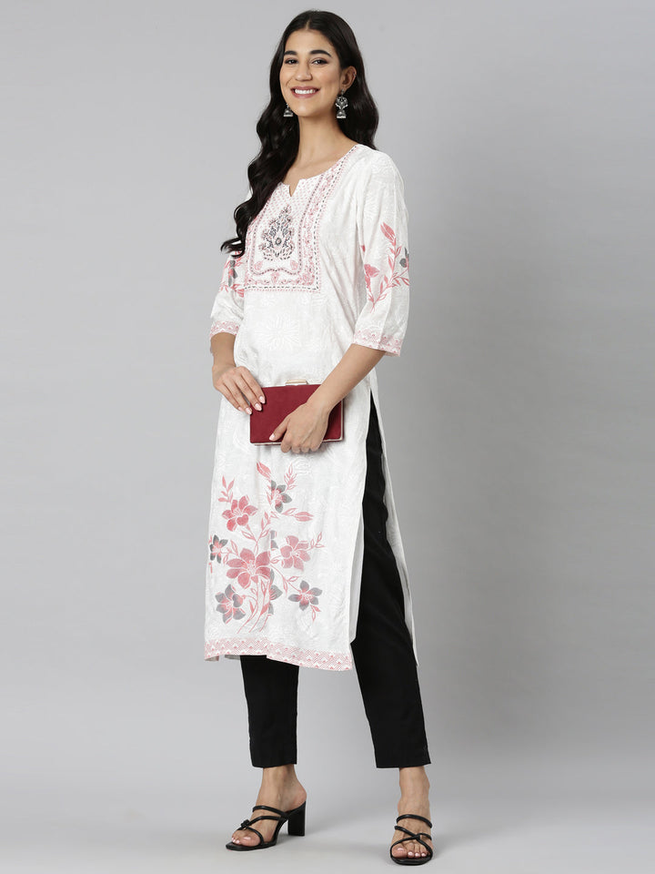 Neerus Orange Casual Floral Straight Kurtas