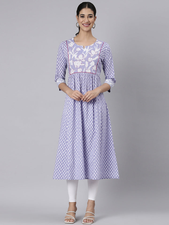 Neerus Lavender Casual Floral Straight Kurtas