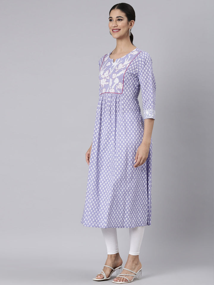 Neerus Lavender Casual Floral Straight Kurtas