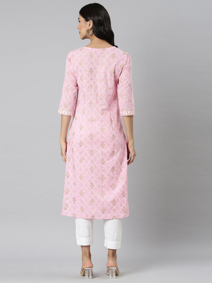 Neerus Pink Casual Floral Straight Kurtas