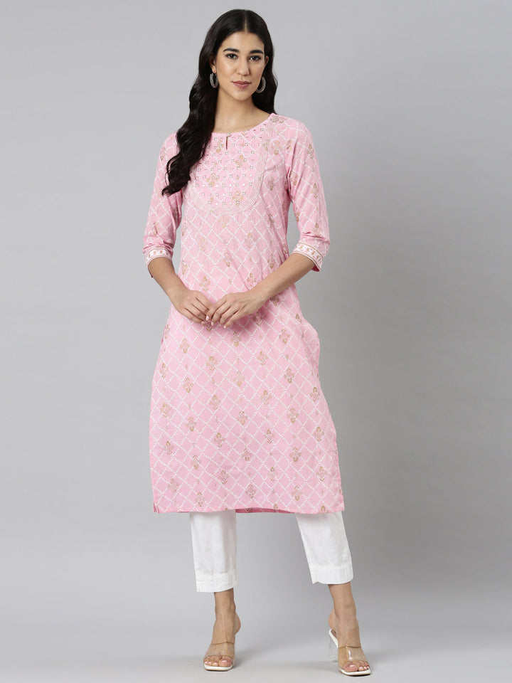 Neerus Pink Casual Floral Straight Kurtas