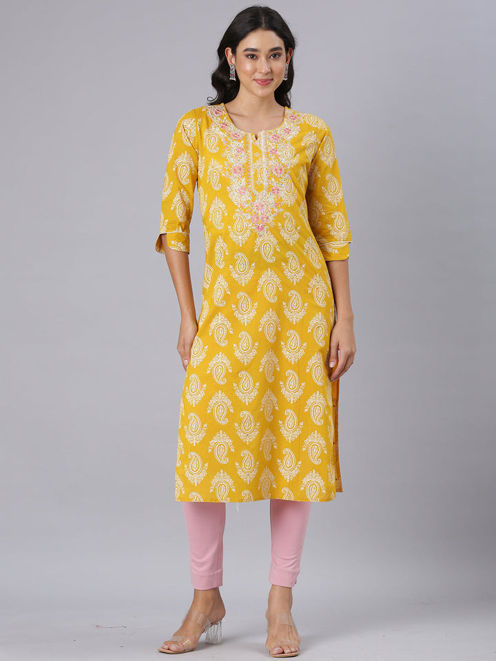 Neerus Mustard Straight Casual Paisley Kurtas