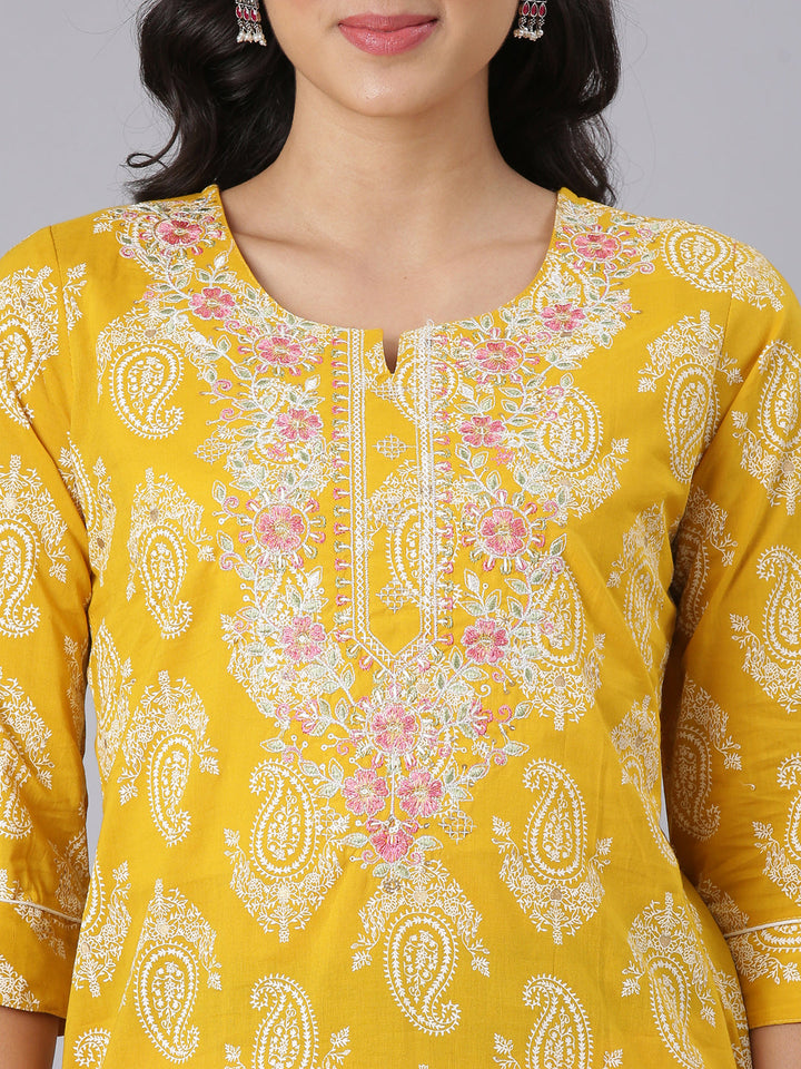 Neerus Mustard Straight Casual Paisley Kurtas