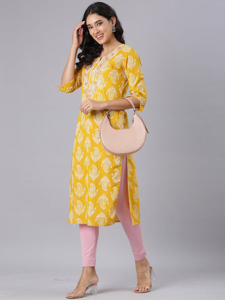 Neerus Mustard Straight Casual Paisley Kurtas
