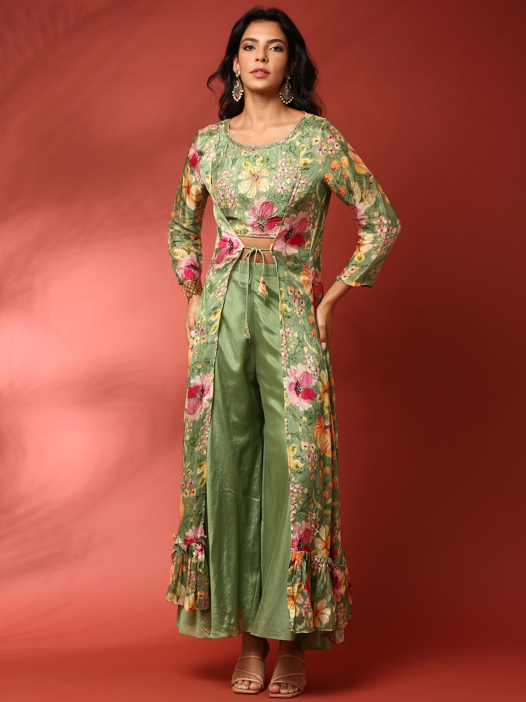 Neerus Green chinon hand embroidered suit set - front view