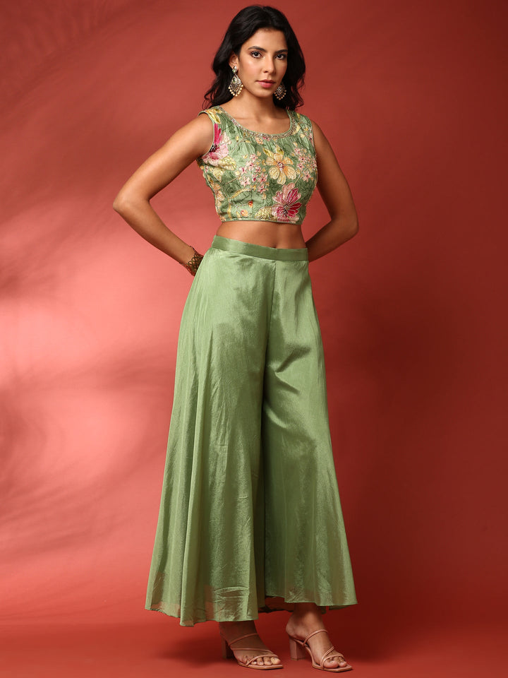 Green floral printed hand embroidered three piece jacket set