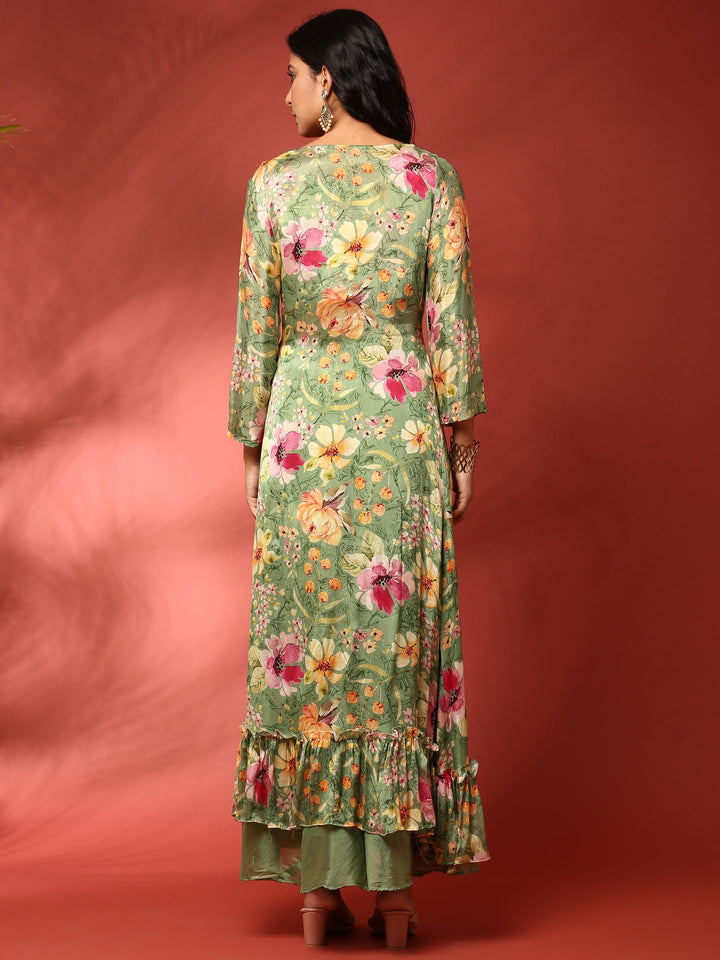 Green floral printed hand embroidered three piece jacket set