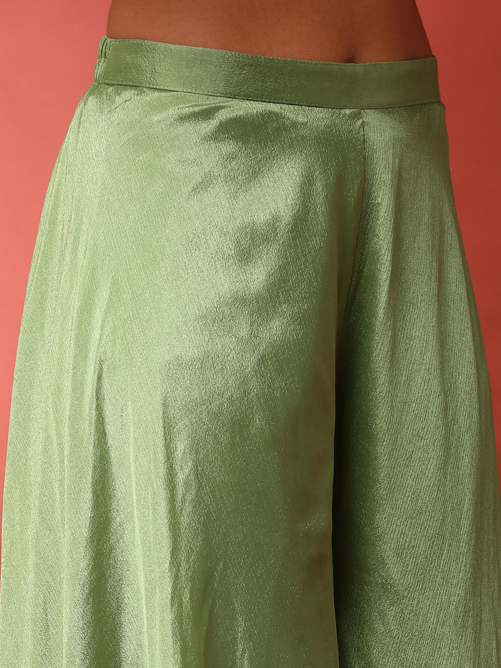 Green floral printed hand embroidered three piece jacket set