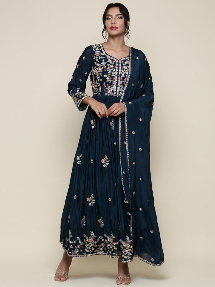 Neerus Blue georgette embroidered anarkali suit set - front view