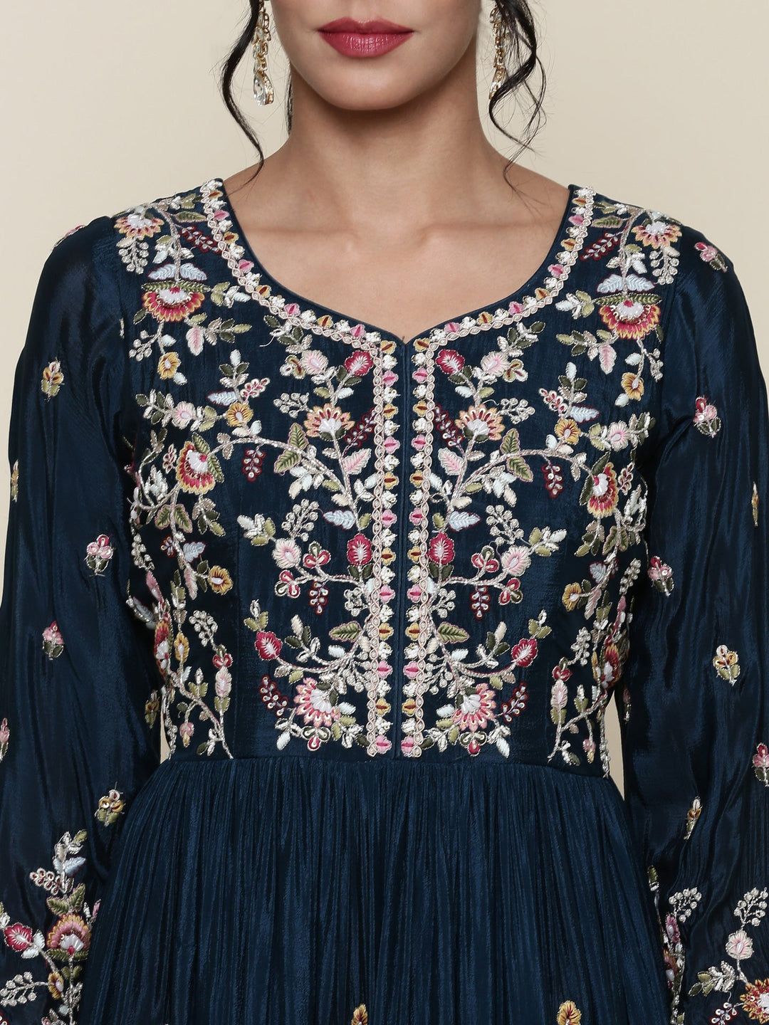 Neerus Blue georgette embroidered anarkali suit set - detail view 1