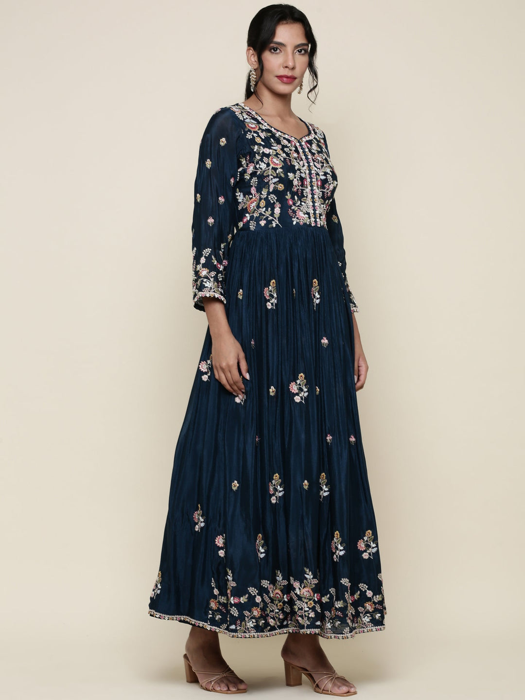 Neerus Blue georgette embroidered anarkali suit set - back view