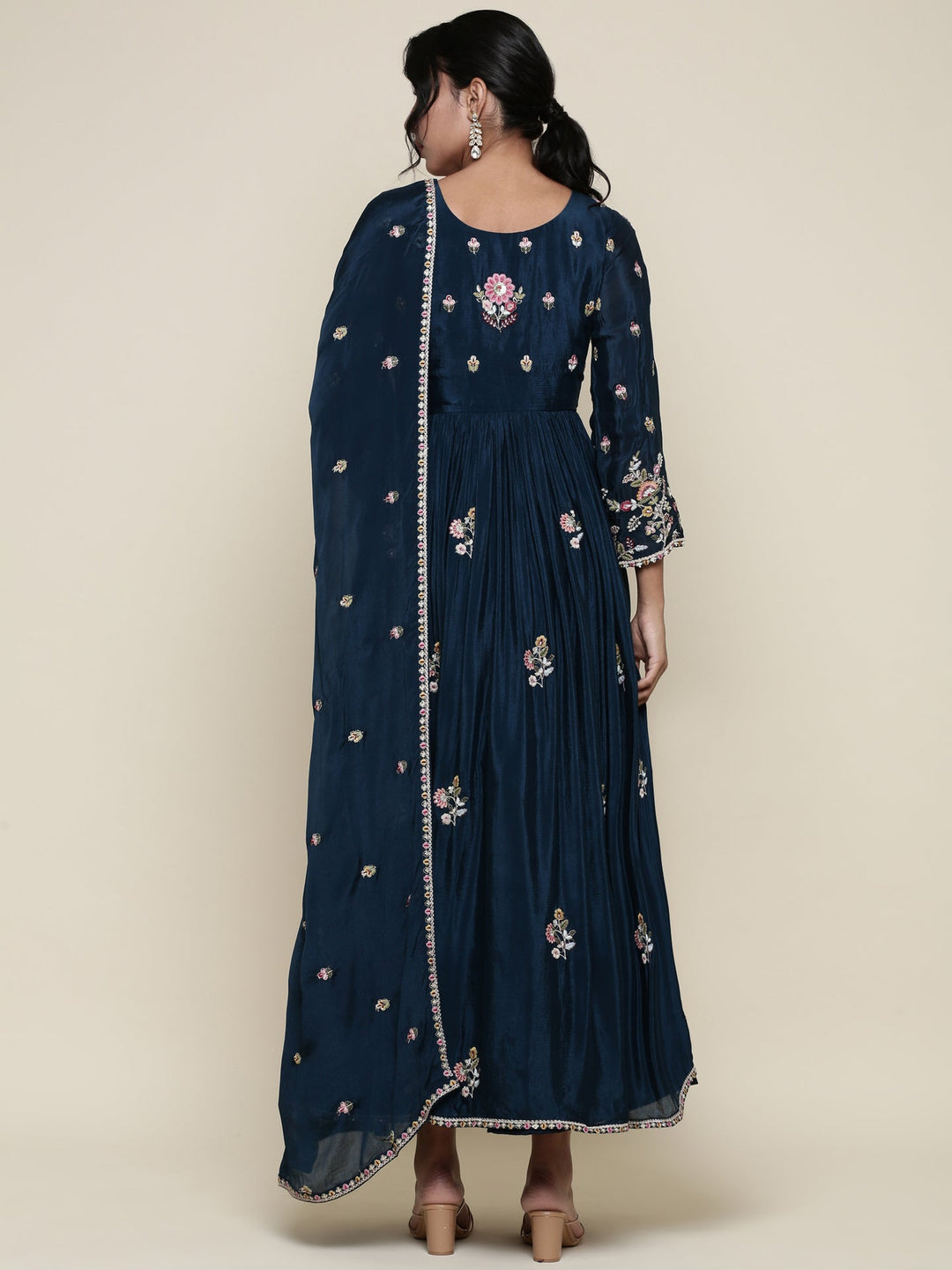 Neerus Blue georgette embroidered anarkali suit set - side view