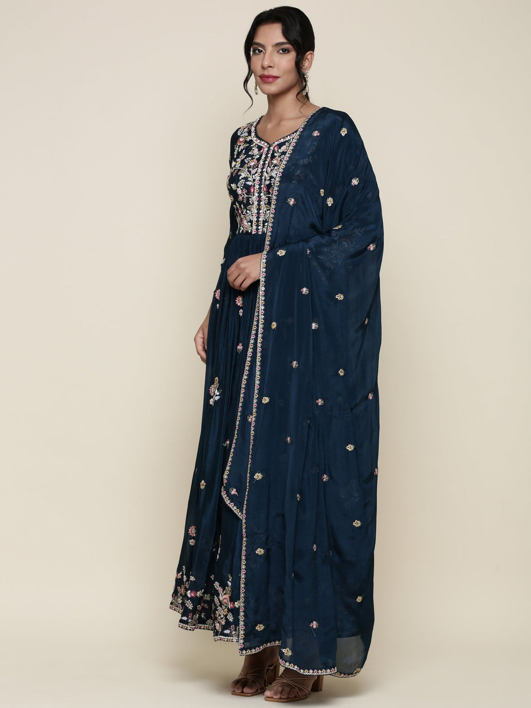 Neerus Blue georgette embroidered anarkali suit set - detail view 2