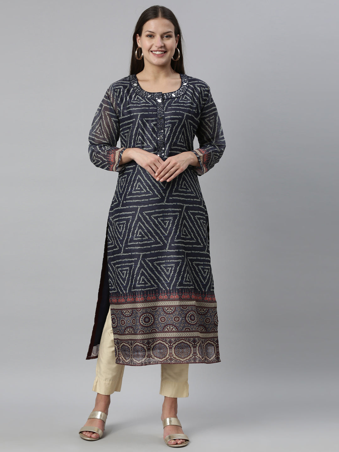 Neerus Blue silk printed straight kurti - front view