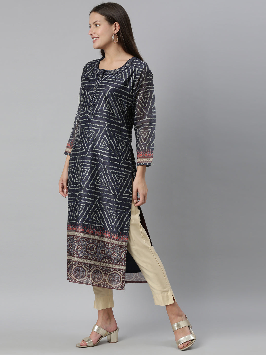 Neerus Blue silk printed straight kurti - side view