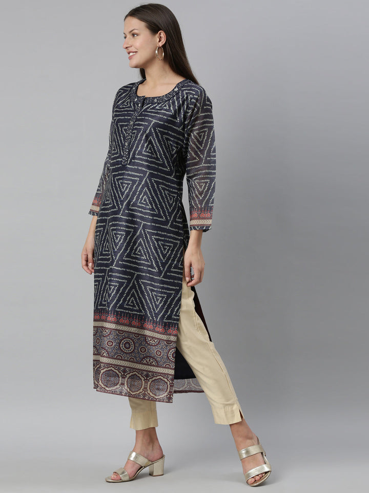 Neerus Blue silk printed straight kurti - side view