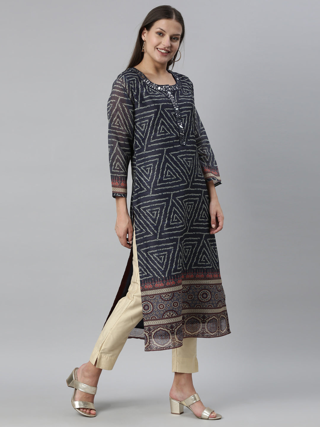 Neerus Blue silk printed straight kurti - detail view 1