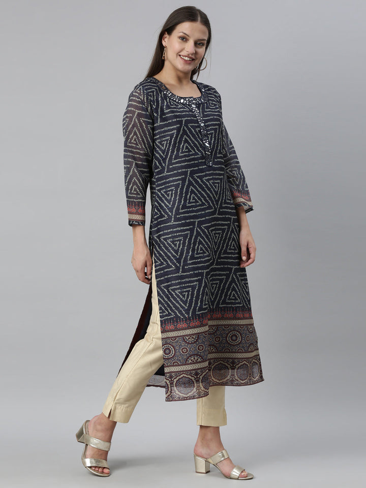 Neerus Blue silk printed straight kurti - detail view 1