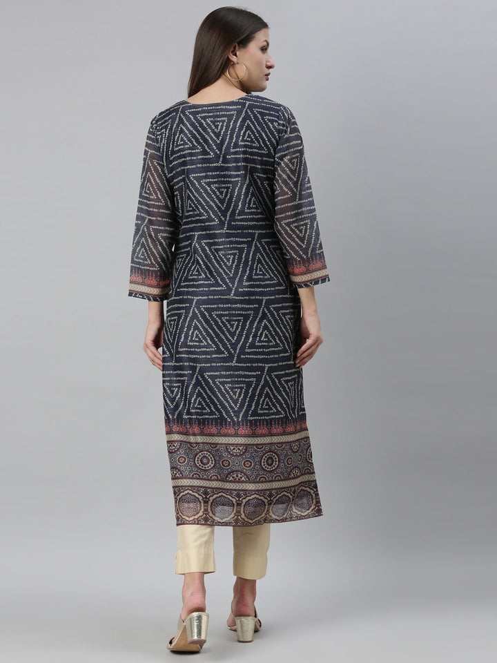 Neerus Blue silk printed straight kurti - detail view 2