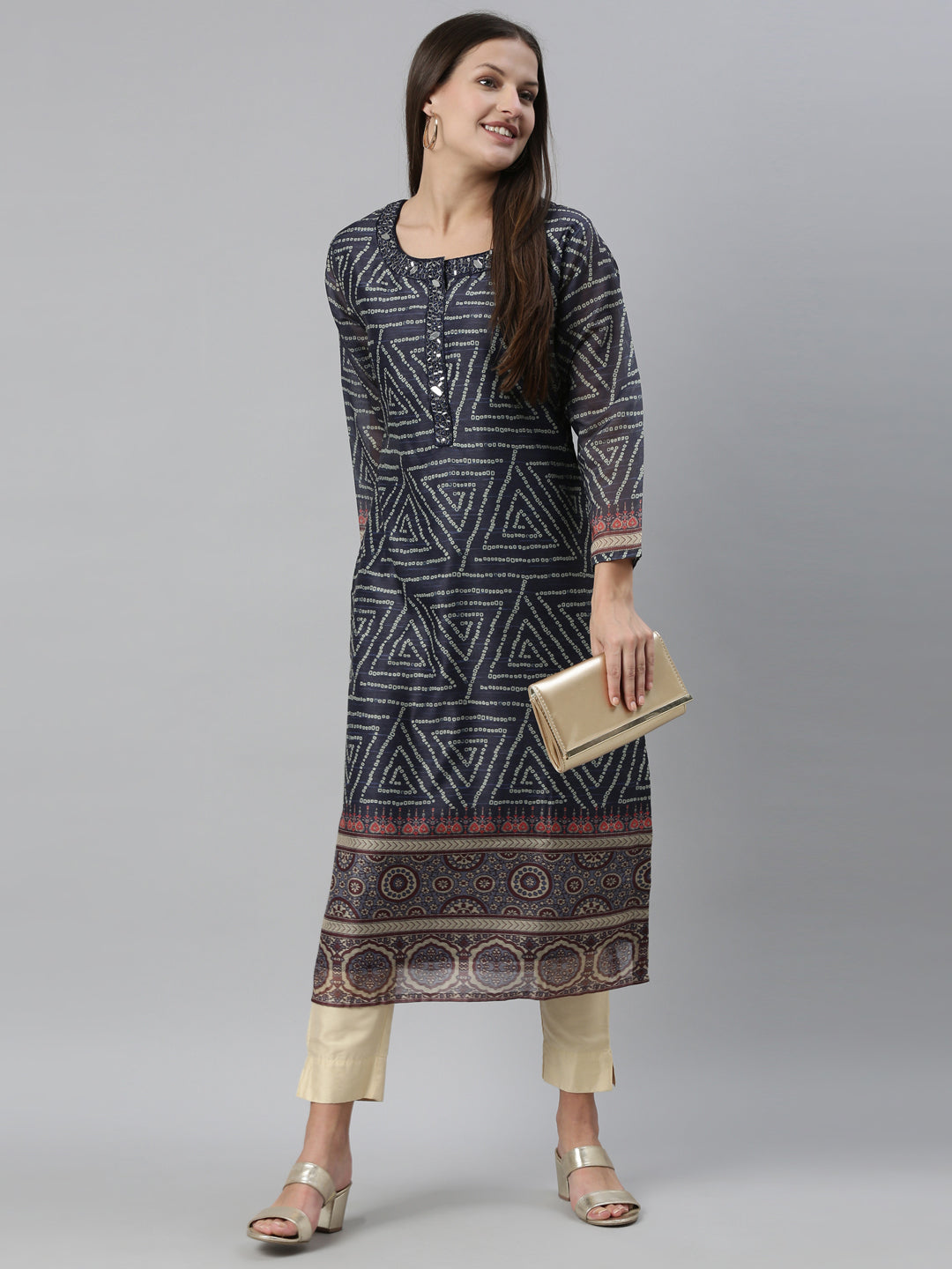Neerus Blue silk printed straight kurti - detail view 3