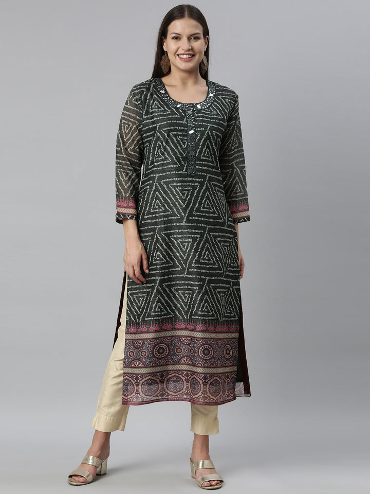 Neerus Green silk bandhani printed A-line kurti - front view