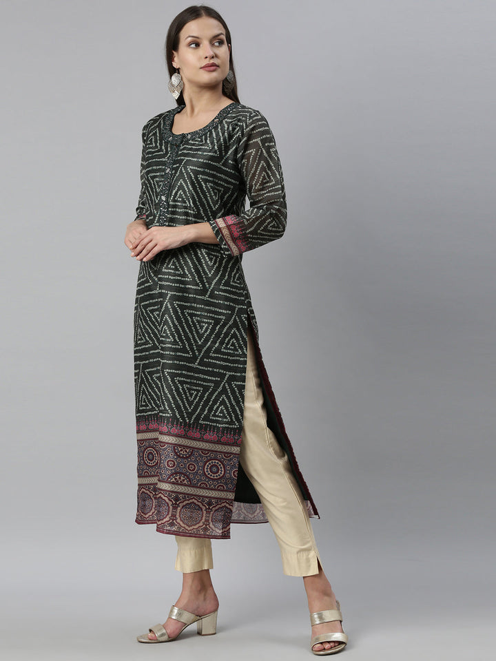 Neerus Green silk bandhani printed A-line kurti - side view