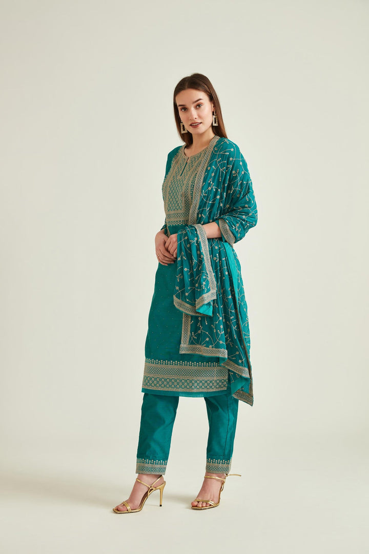 Neerus Green Chanderi Embroidered Kurta Set - front view