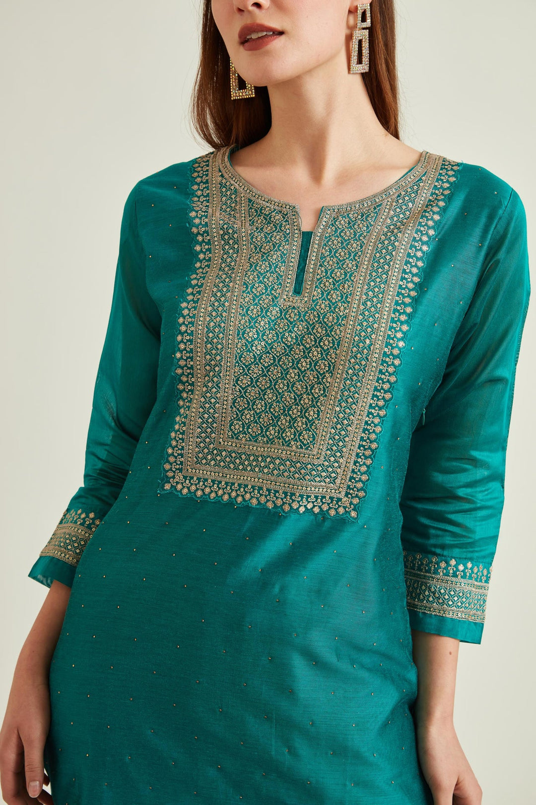Neerus Green Chanderi Embroidered Kurta Set - detail view 2