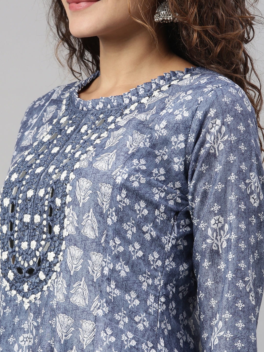 Neerus Blue modal bandhani mirror work kurti - side view