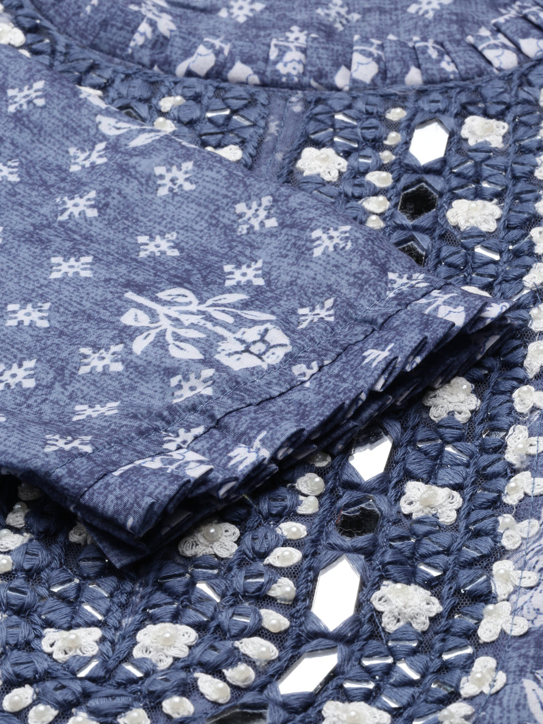 Neerus Blue modal bandhani mirror work kurti - detail view 3